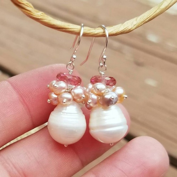 SOLDNatural Pearl & Pink Topaz Dangle Earrings 925 - Picture 2 of 4